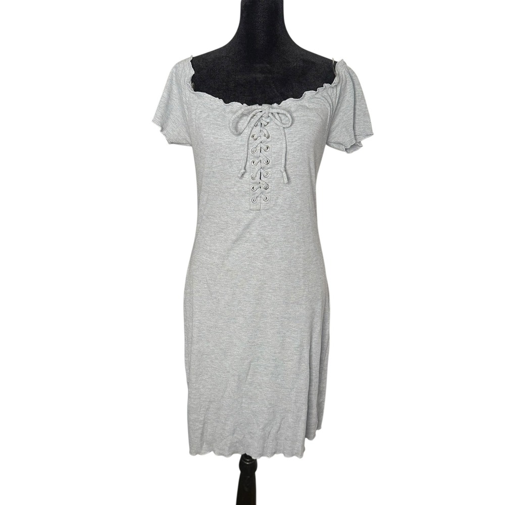 Rue 21 Off Shoulder Lace Up Short Dress Womens L Gray Ribbed Cottage Fairy‎